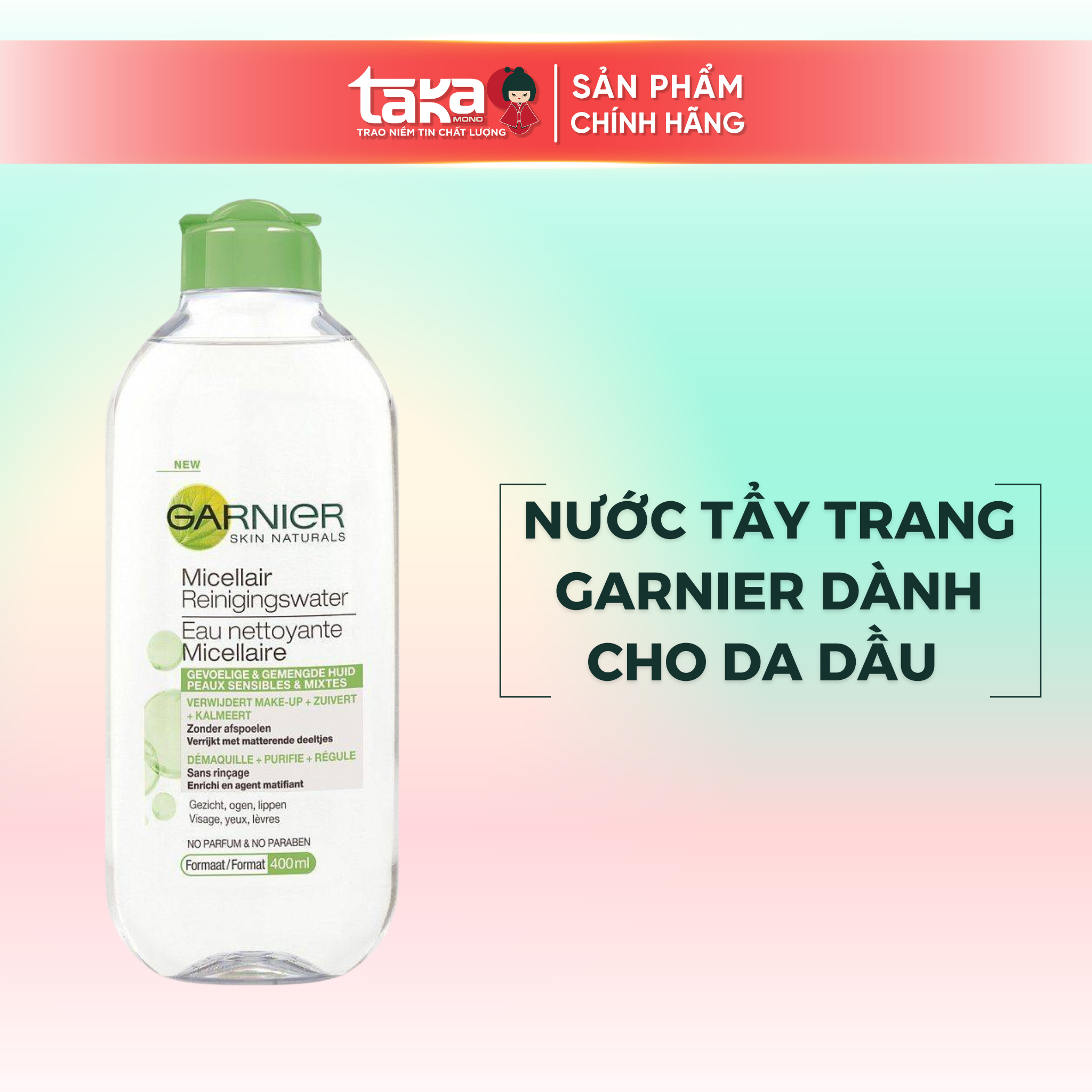 Nước Tẩy Trang Garnier Xanh Lá Dành Cho Da Hỗn Hợp Và Nhạy Cảm 400Ml
