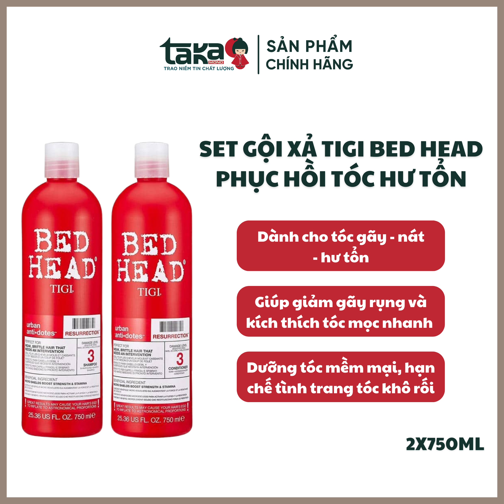 Set Dầu Gội Xả Phục Hồi Tóc Bedhead Tigi Đỏ 750Mlx2