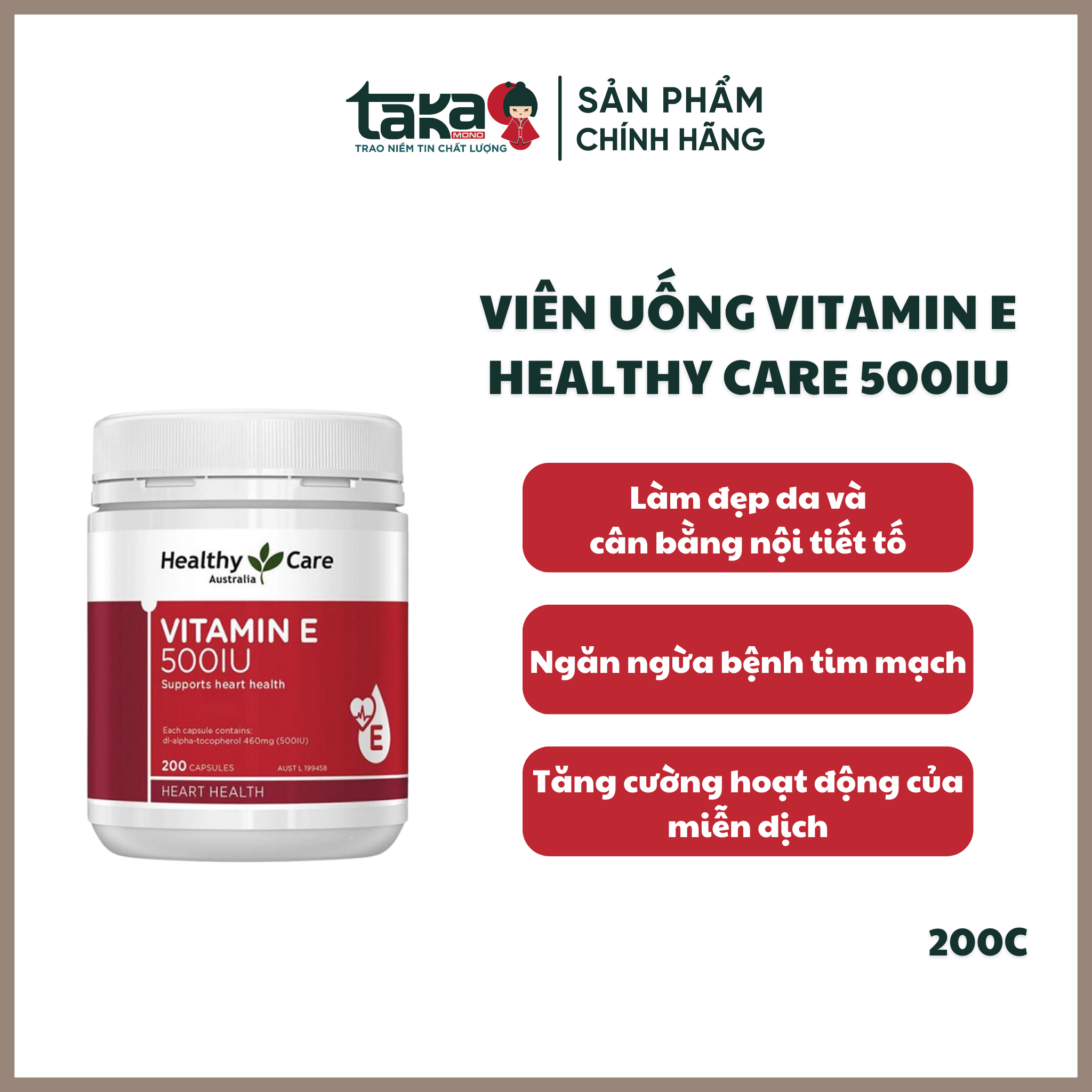 Viên Uống Vitamin E Healthy Care 500IU Úc - 200 Viên