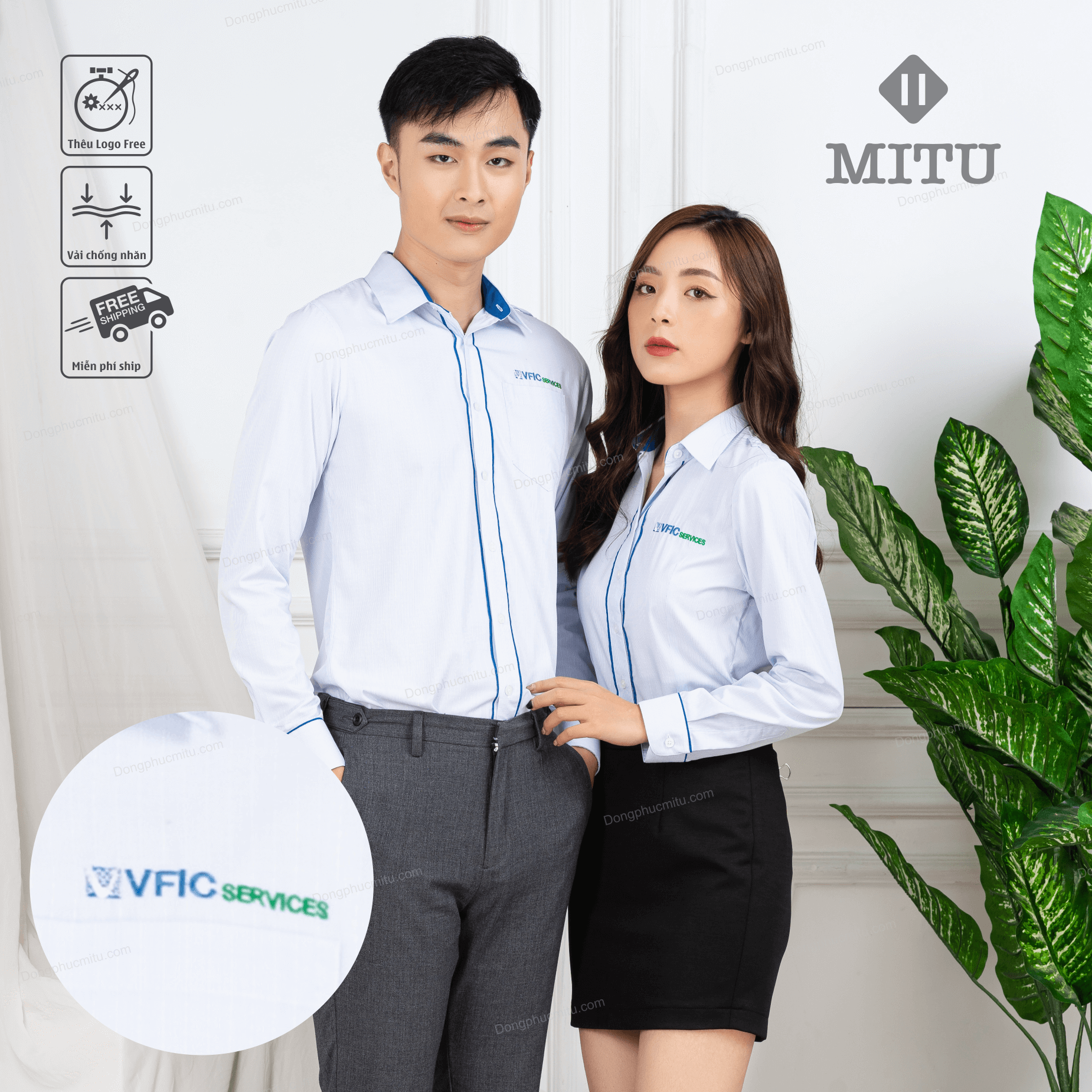  Sơ mi xanh nhạt phối xanh bích 