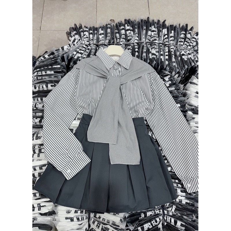 Set váy áo sơ mi kèm khắn quàng B87