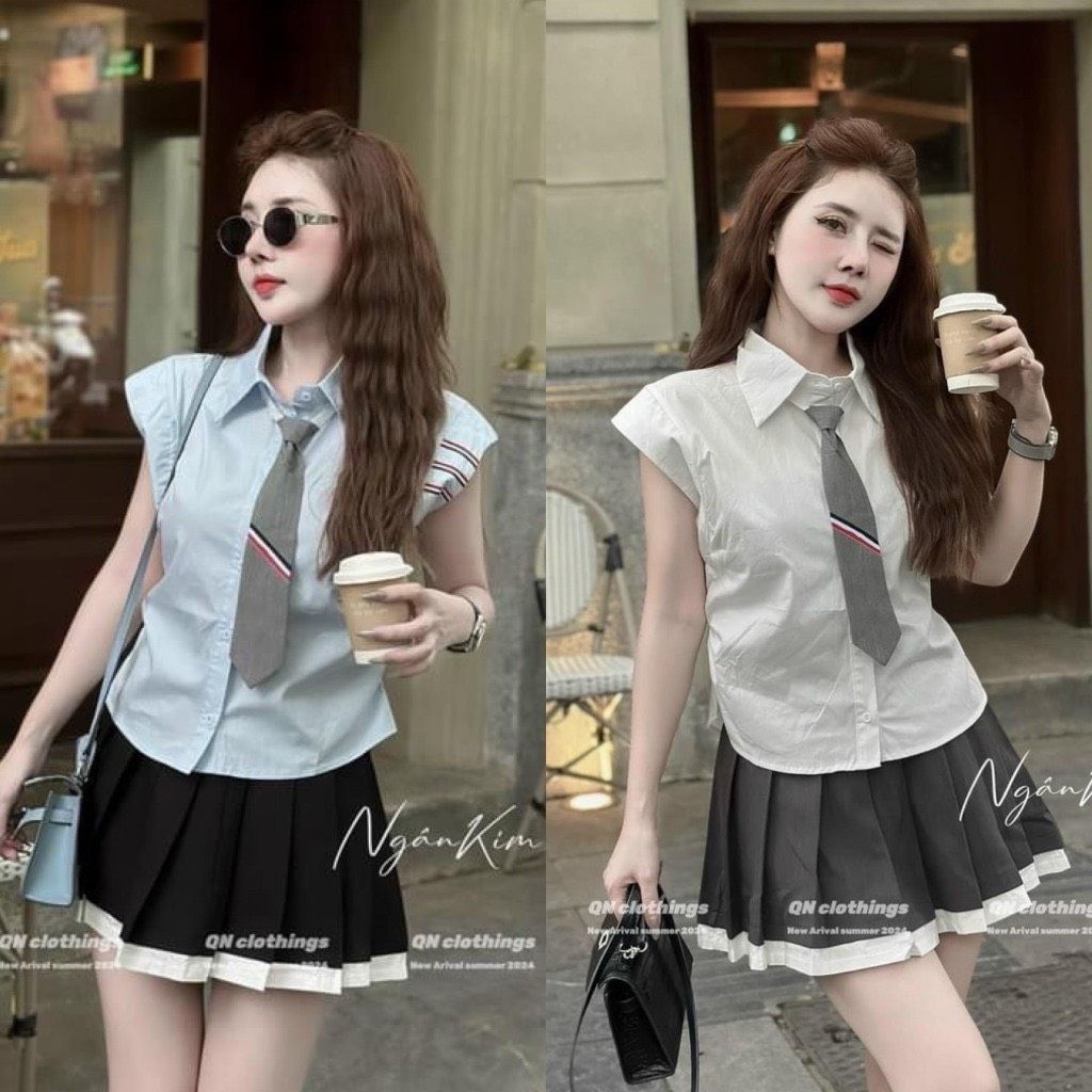 b101-Set áo sơ mi với chân váy xếp li kèm cà vạt phong cách Hàn Quốc