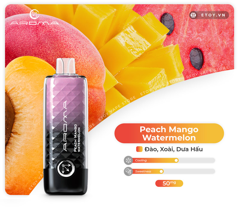 Aroma OM-002 Peach Mango Watermelon - Vape Pod 1 Lần 8000 Hơi