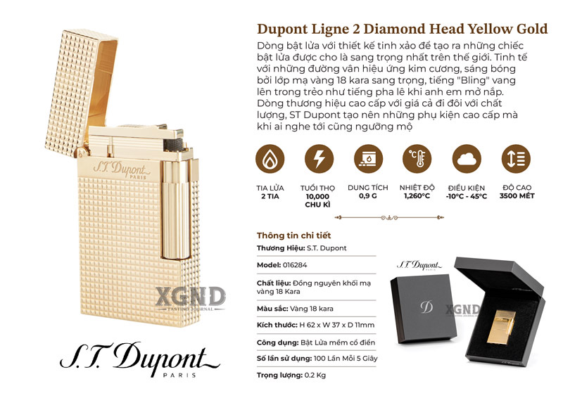 Bật Lửa Xì Gà ST Dupont 2 Tia Mềm Gold Diamond Head 016284 Chính Hãng