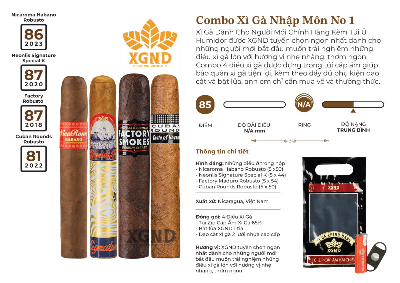 Combo Cigar Nhập Môn No 1 - Cigar Dành Cho Người Mới Kèm Túi Zip XGND