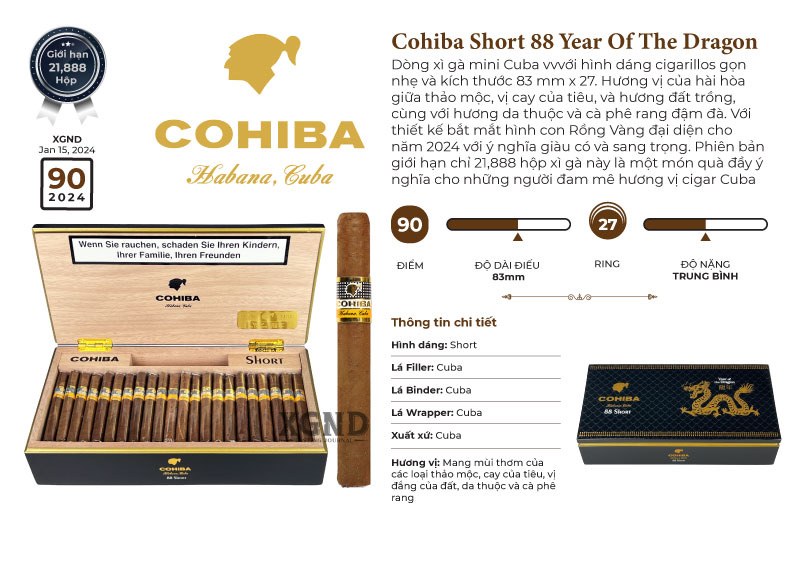 Xì Gà Cohiba Short 88 Year of the Dragon - Cigar Cuba Chính Hãng 88 Điếu