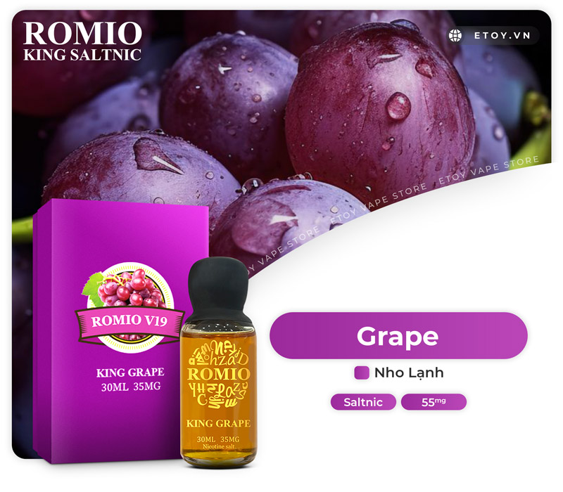 Thông tin Romio Salt V19 King Grape 30ml - Tinh Dầu Vape Pod Chính Hãng