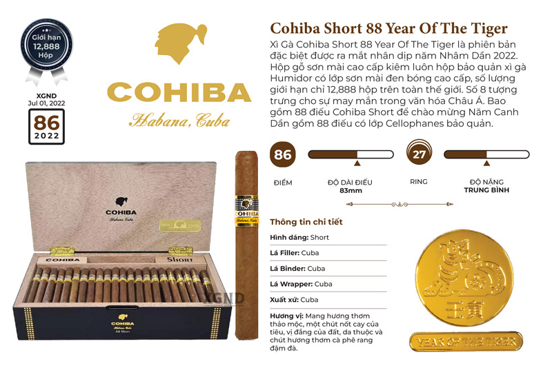 Xì Gà Cohiba Short 88 Year Of The Tiger - Cigar Cuba Chính Hãng 88 Điếu