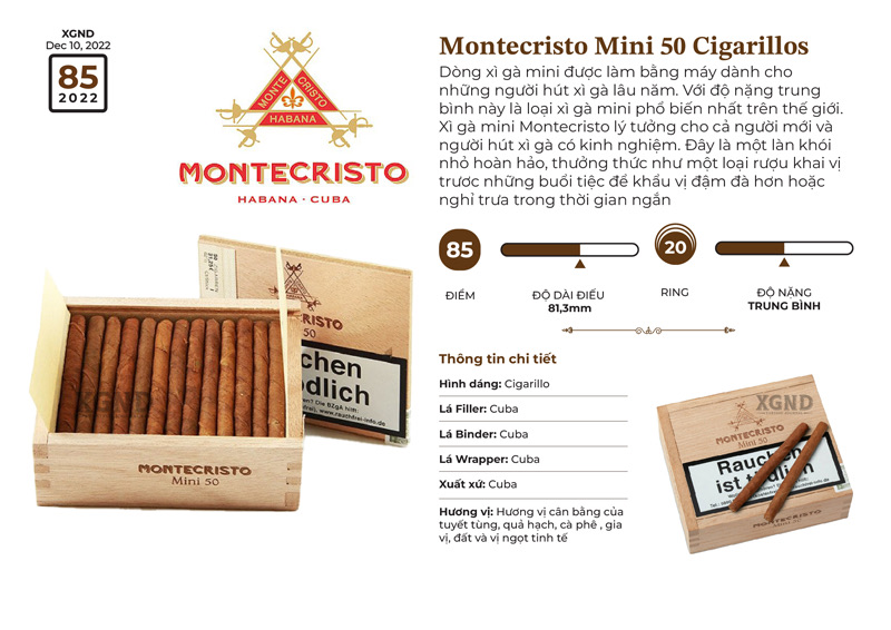 Xì Gà Montecristo Mini 50 Cigarillos - Cigar Cuba Chính Hãng