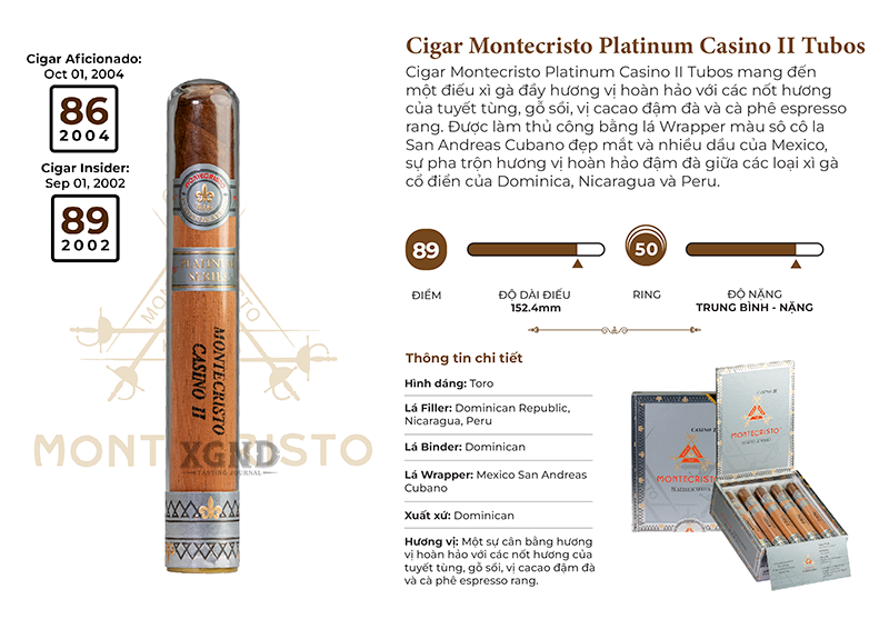 Xì Gà Montecristo Platinum Casino II Tubos - Cigar Chính Hãng