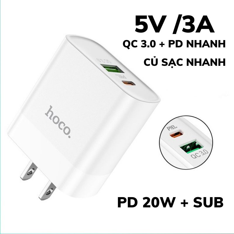 Bộ sạc Hoco C80 chính hãng dành cho iPhone , 2 cổng sạc USB và Type-C (PD 20W), chuẩn PD3.0, sạc nhanh 3A