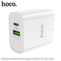 Bộ sạc Hoco C80 chính hãng dành cho iPhone , 2 cổng sạc USB và Type-C (PD 20W), chuẩn PD3.0, sạc nhanh 3A