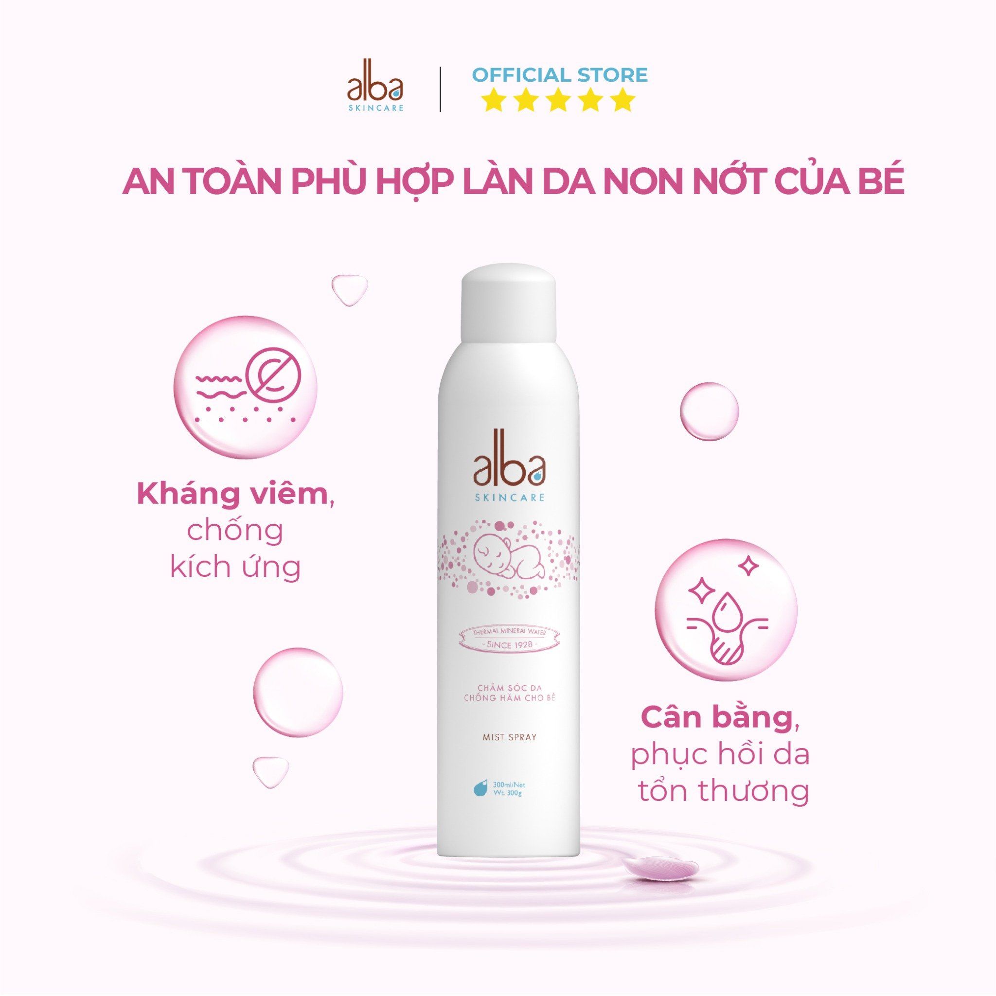 Xịt khoáng trẻ em Alba Skin Care - Chống hăm khô rôm sẩy do bỉm giúp da bé mịn màng - 300ml