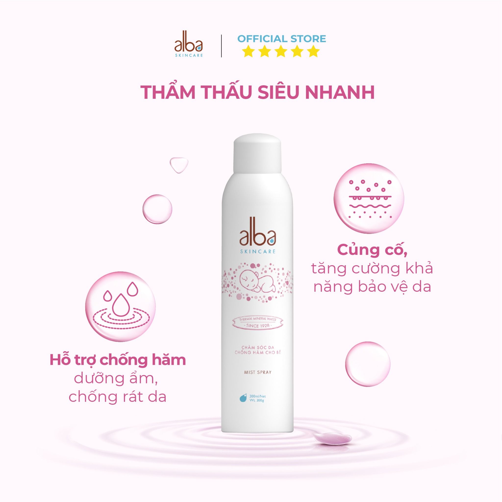 Xịt khoáng trẻ em Alba Skin Care - Chống hăm khô rôm sẩy do bỉm giúp da bé mịn màng - 300ml