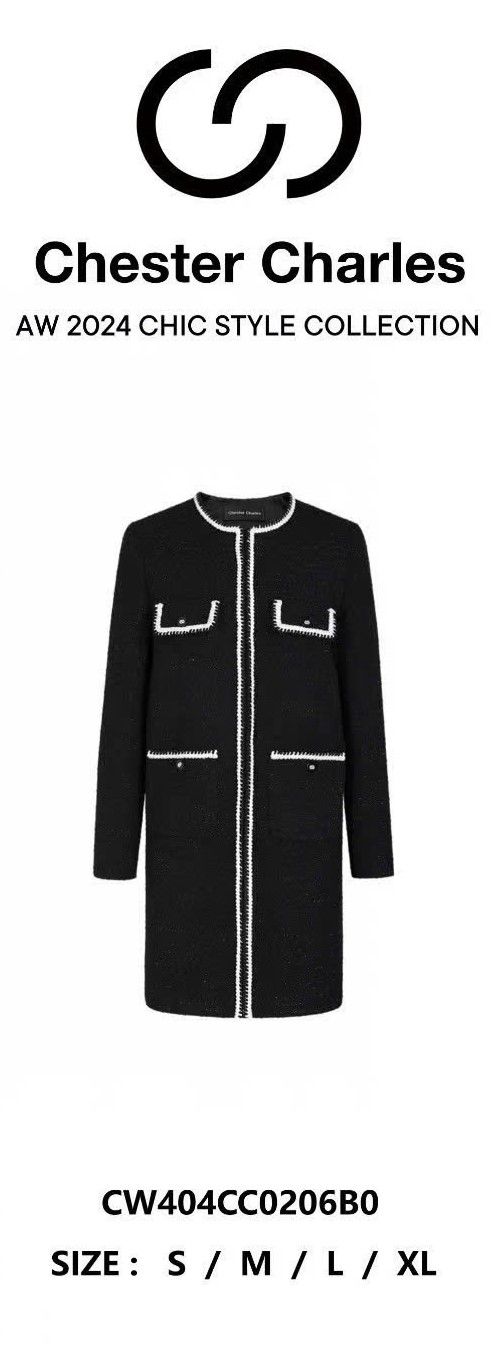Áo dạ tweed dáng dài túi viền trắng