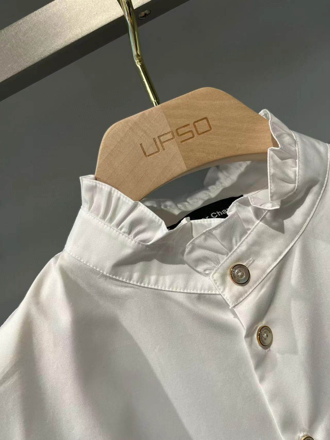 Sơ mi cotton - cổ đứng nhún bèo, Tay nơ