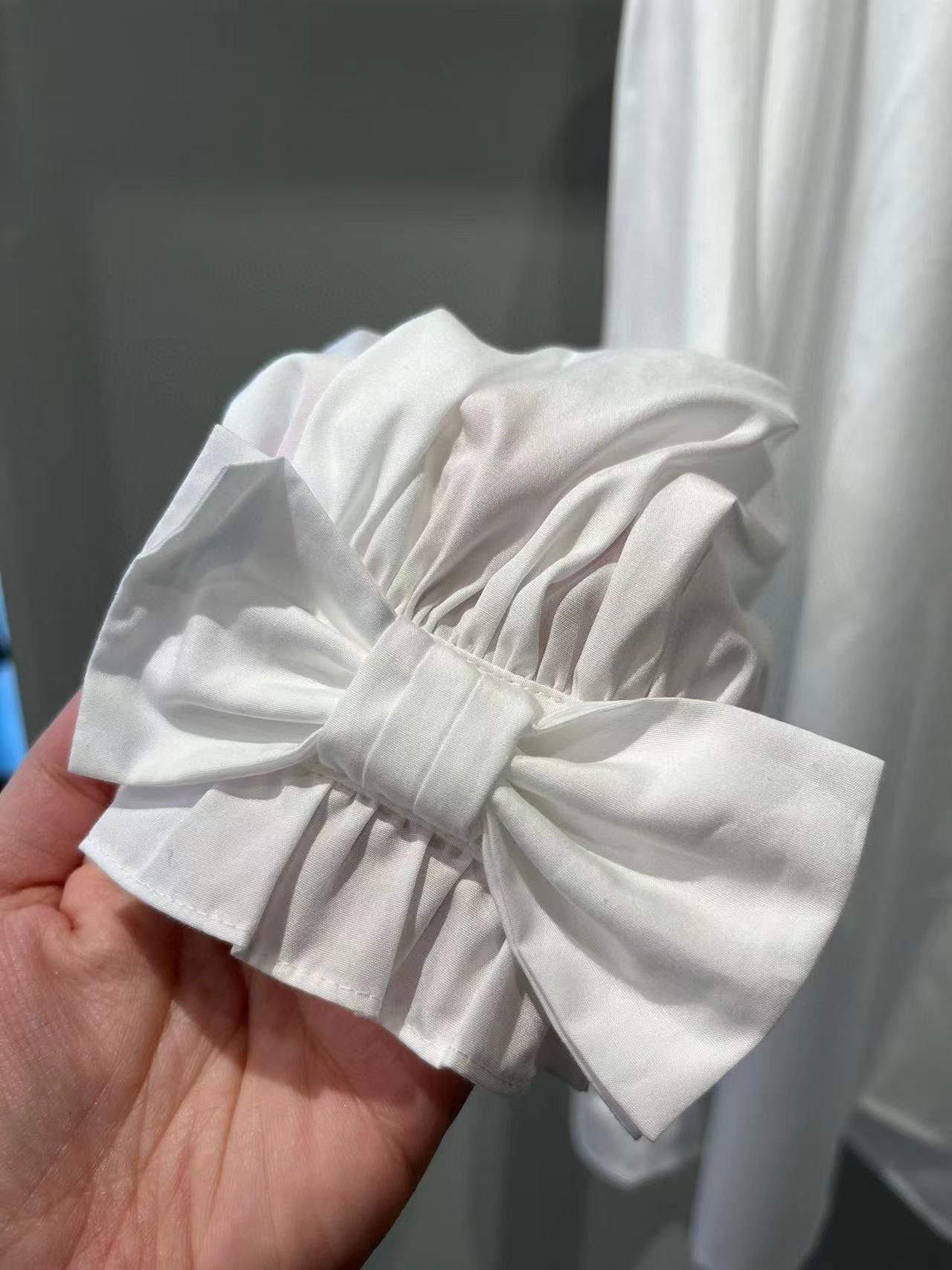 Sơ mi cotton - cổ đứng nhún bèo, Tay nơ
