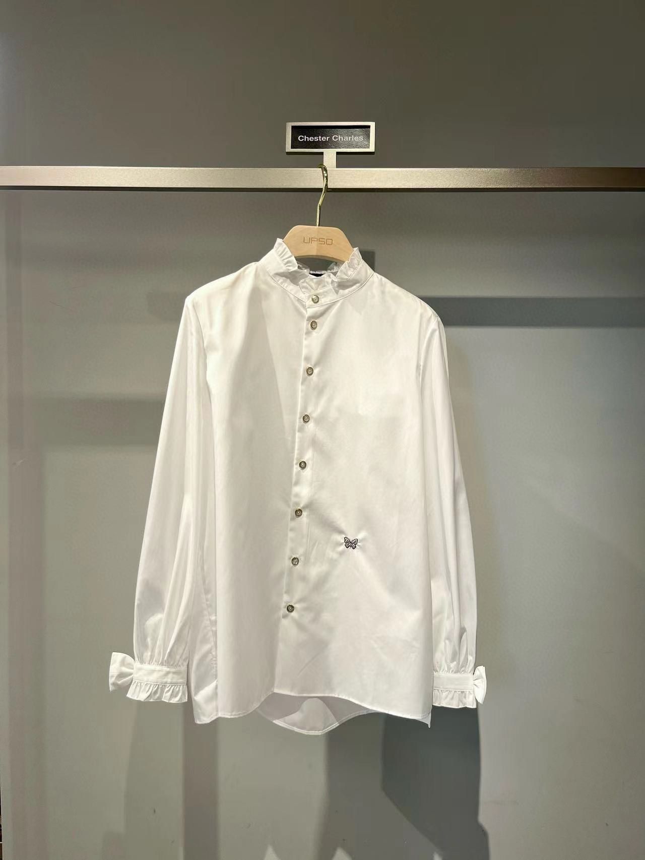 Sơ mi cotton - cổ đứng nhún bèo, Tay nơ