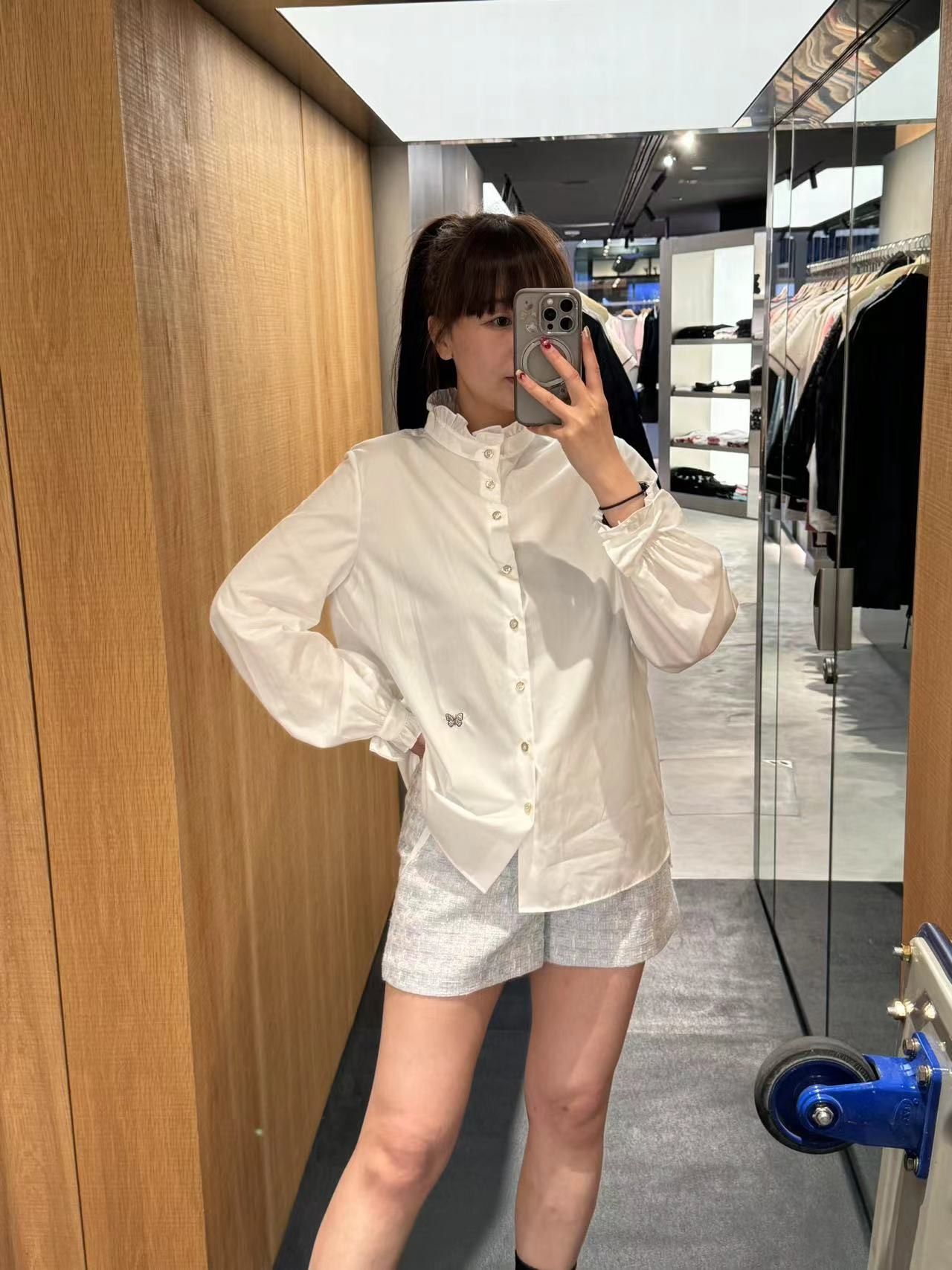 Sơ mi cotton - cổ đứng nhún bèo, Tay nơ