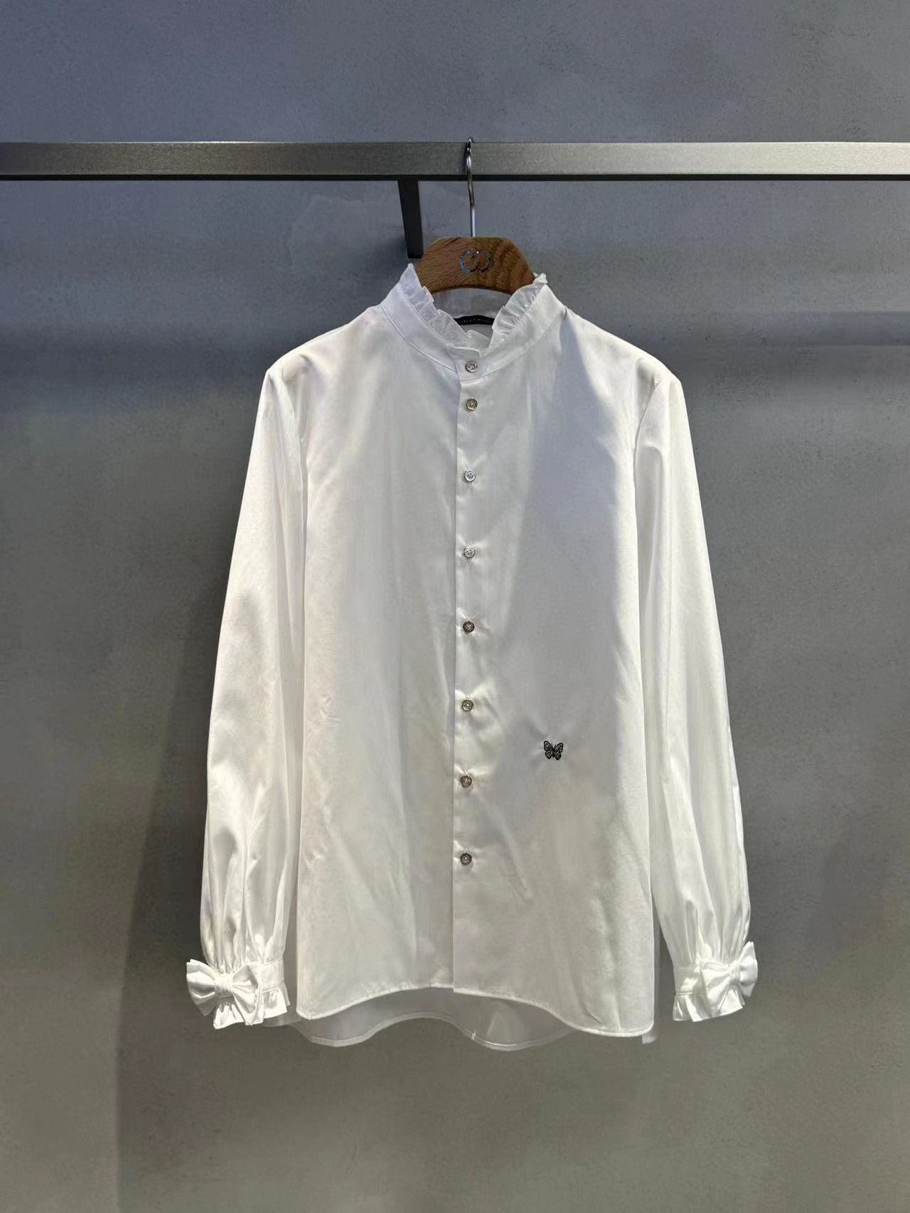 Sơ mi cotton - cổ đứng nhún bèo, Tay nơ