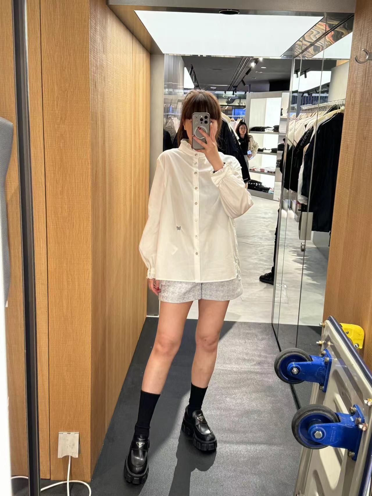 Sơ mi cotton - cổ đứng nhún bèo, Tay nơ