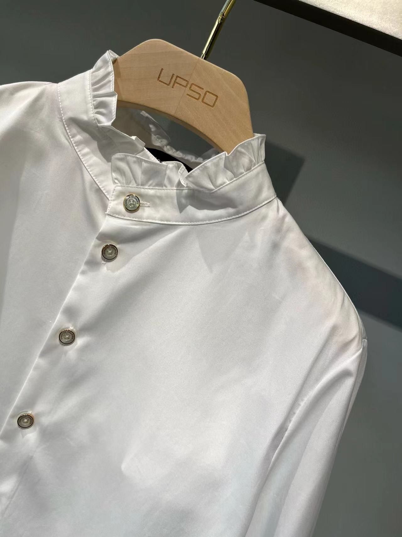 Sơ mi cotton - cổ đứng nhún bèo, Tay nơ
