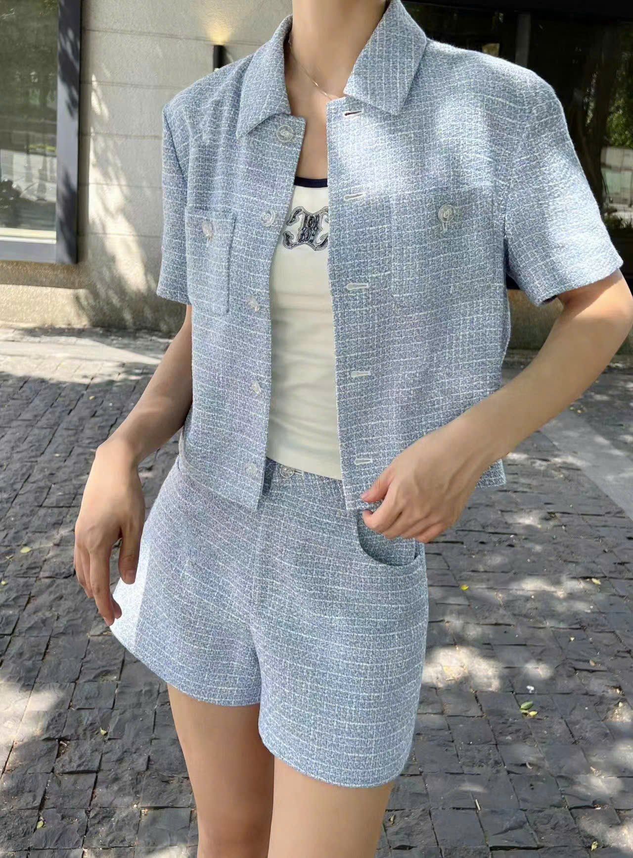 Bộ áo tweed ngắn tay croptop và Quần short dạ tweed xanh set