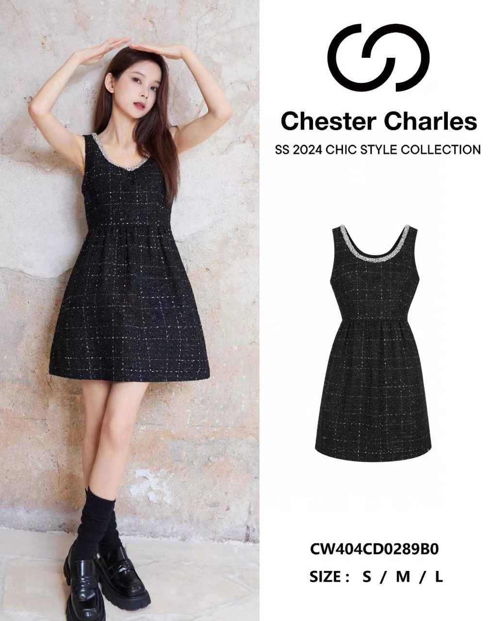 Váy dạ tweed đen - viền cổ đính đá