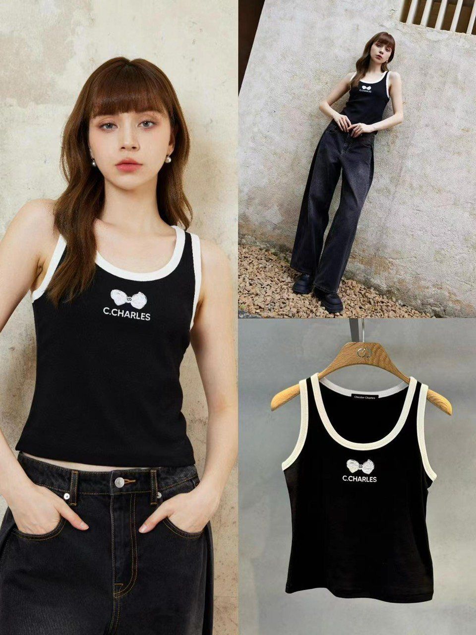 Tank top đen viền trắng - nơ ren