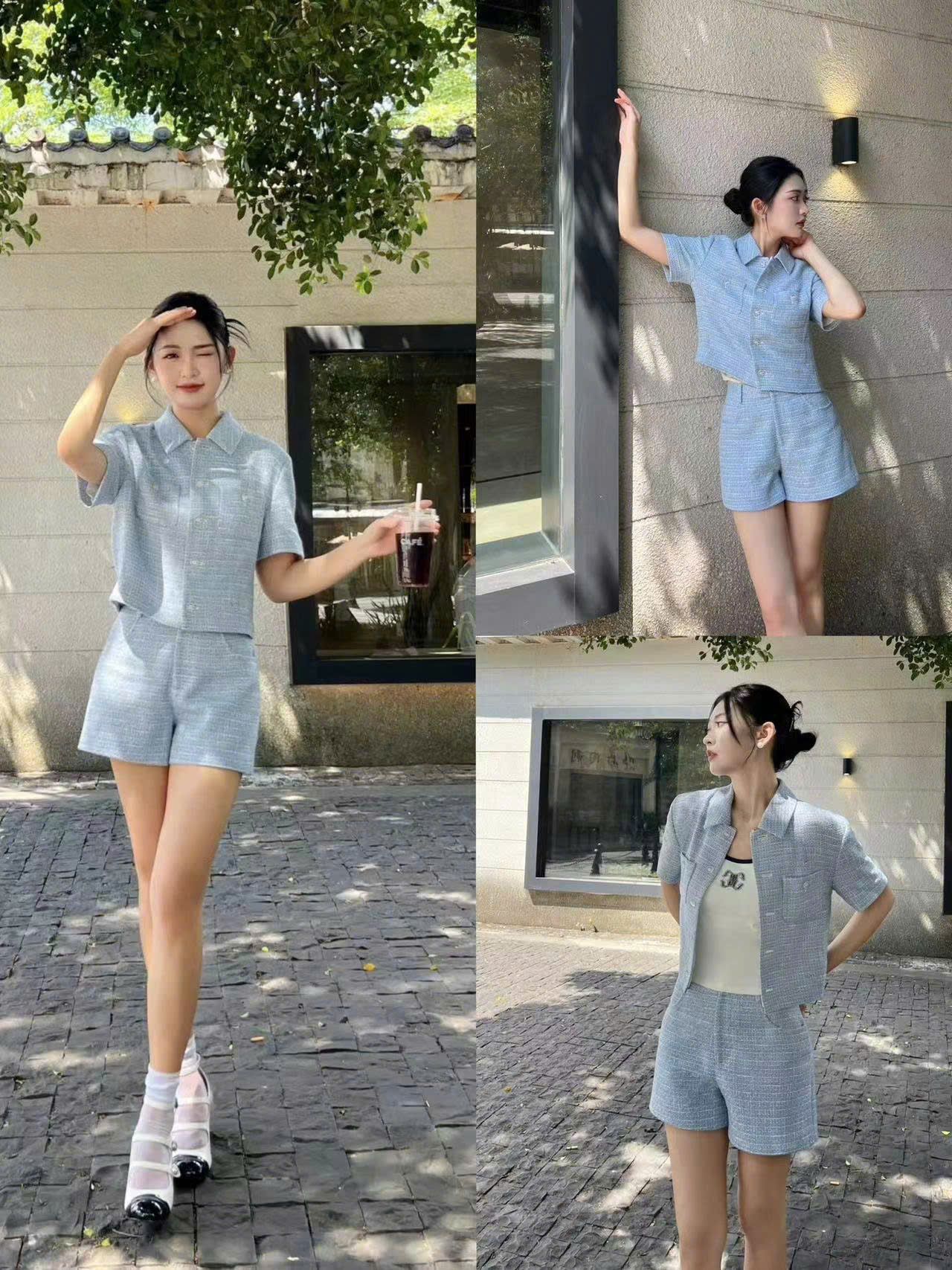 Bộ áo tweed ngắn tay croptop và Quần short dạ tweed xanh set