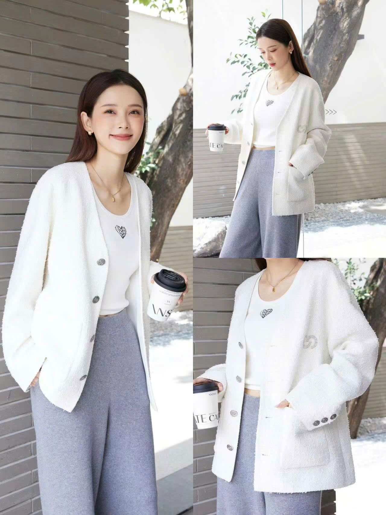 Áo tweed kem - cổ V - 2 túi