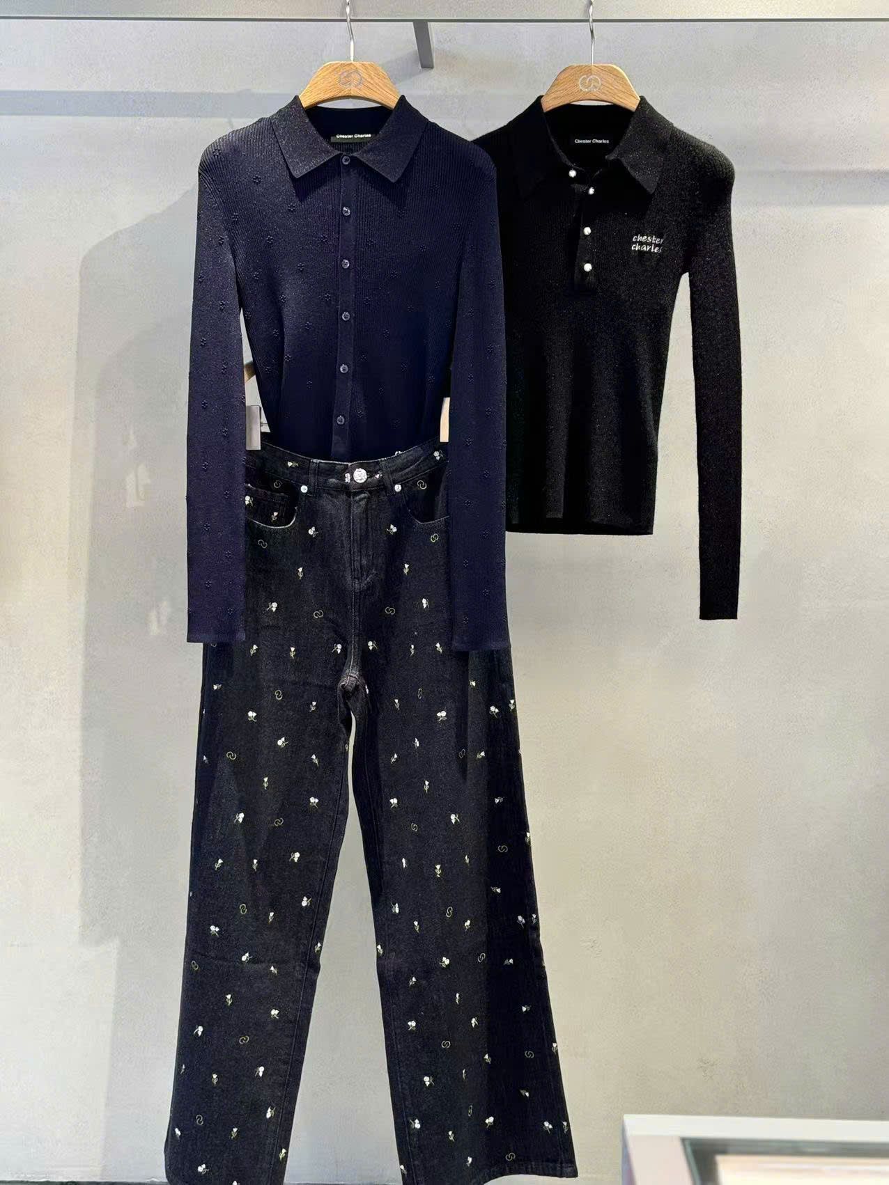 Áo Polo navy dài tay- hoa nhí