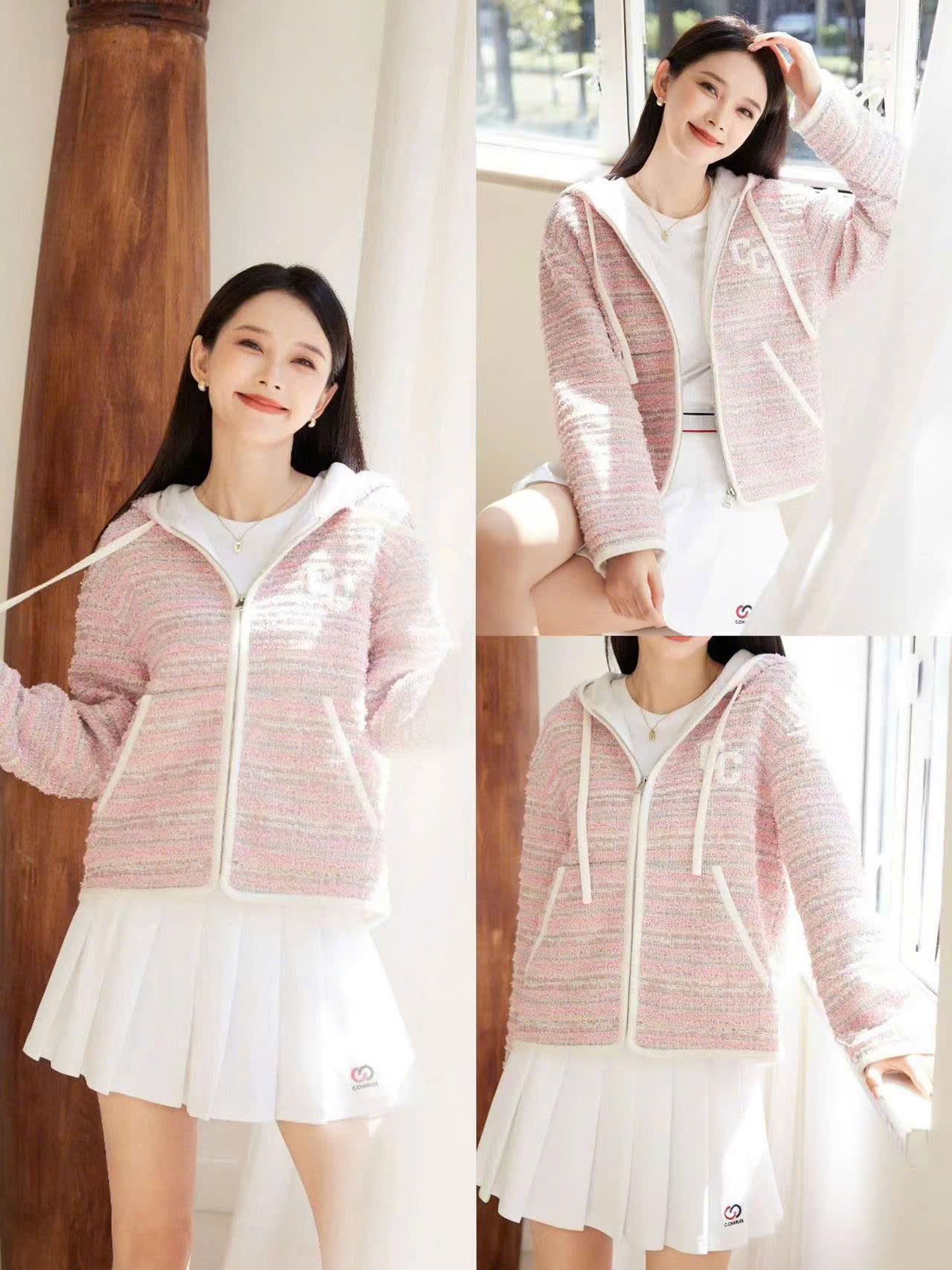Áo khoác hồng kéo khóa có mũ