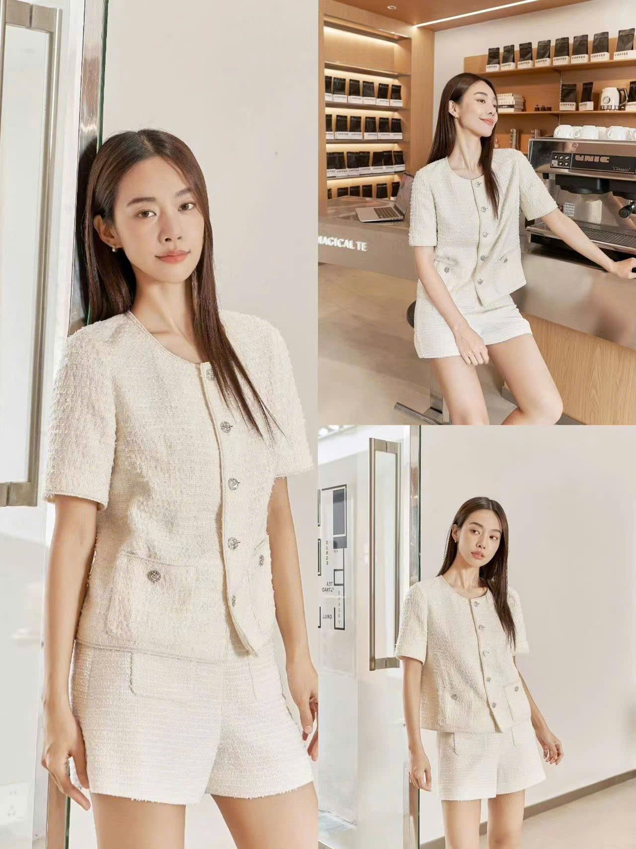 Áo Tweed ngắn tay sữa cúc Bạc