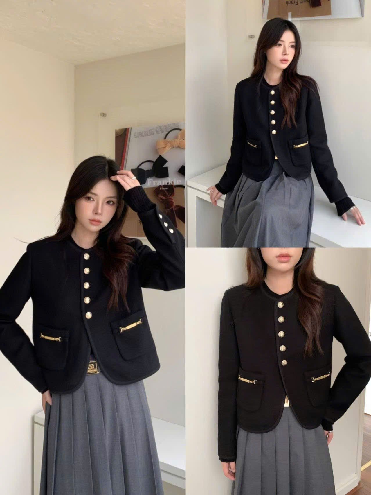 Áo dạ ép đen, 5 cúc vàng liền, 2 xích 2 túi