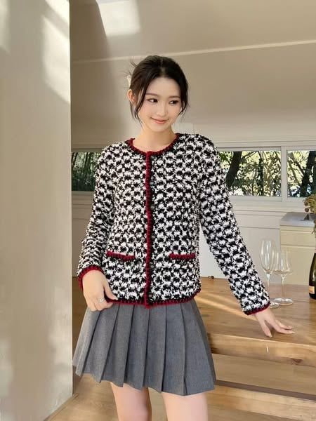 Áo tweed muối tiêu viền đỏ
