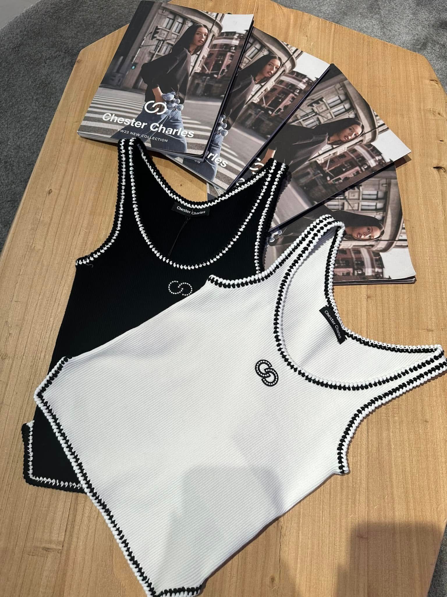 Áo tank top trắng viền đen CC