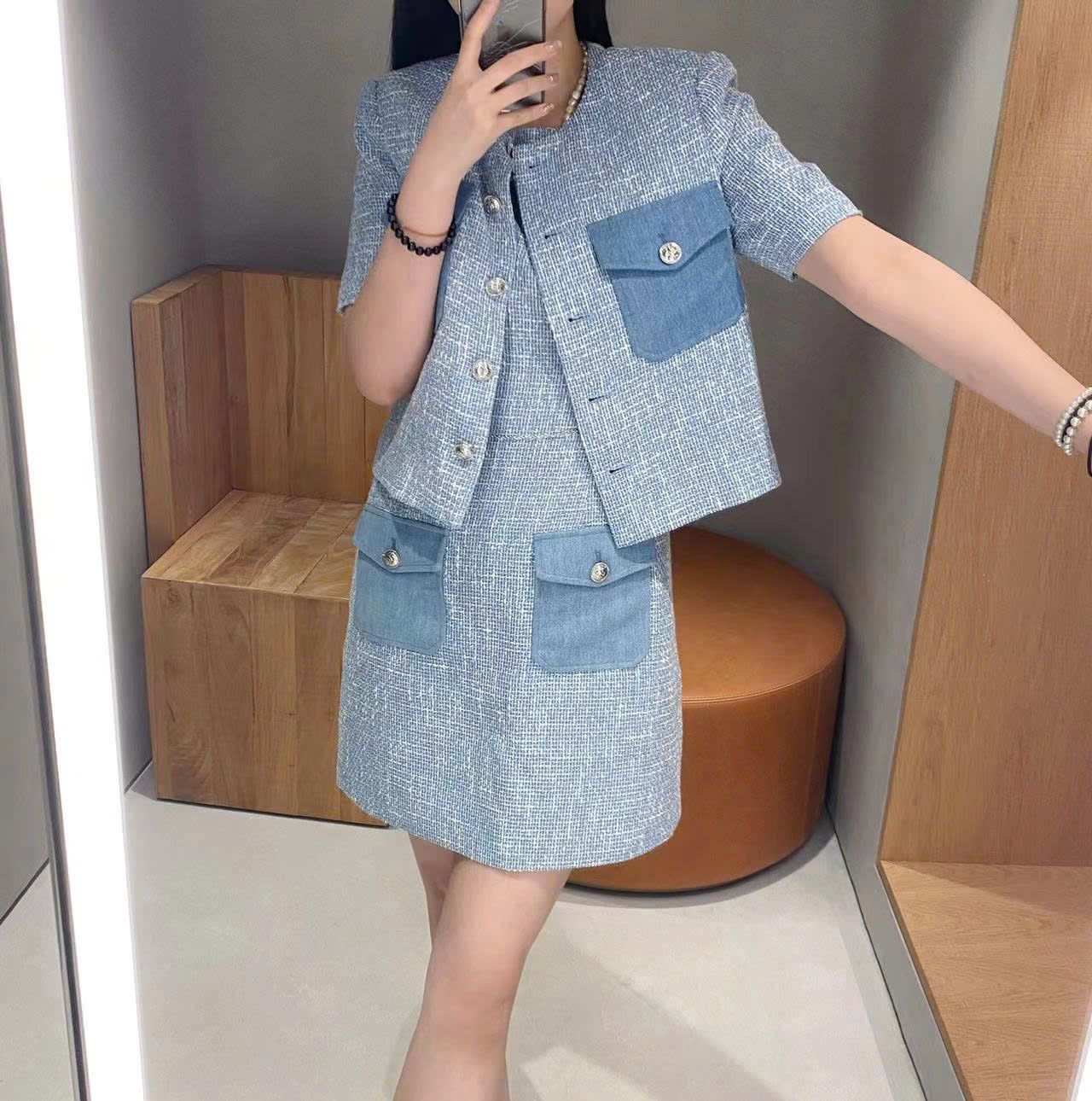 Áo denim ngắn tay, 2 túi ngực