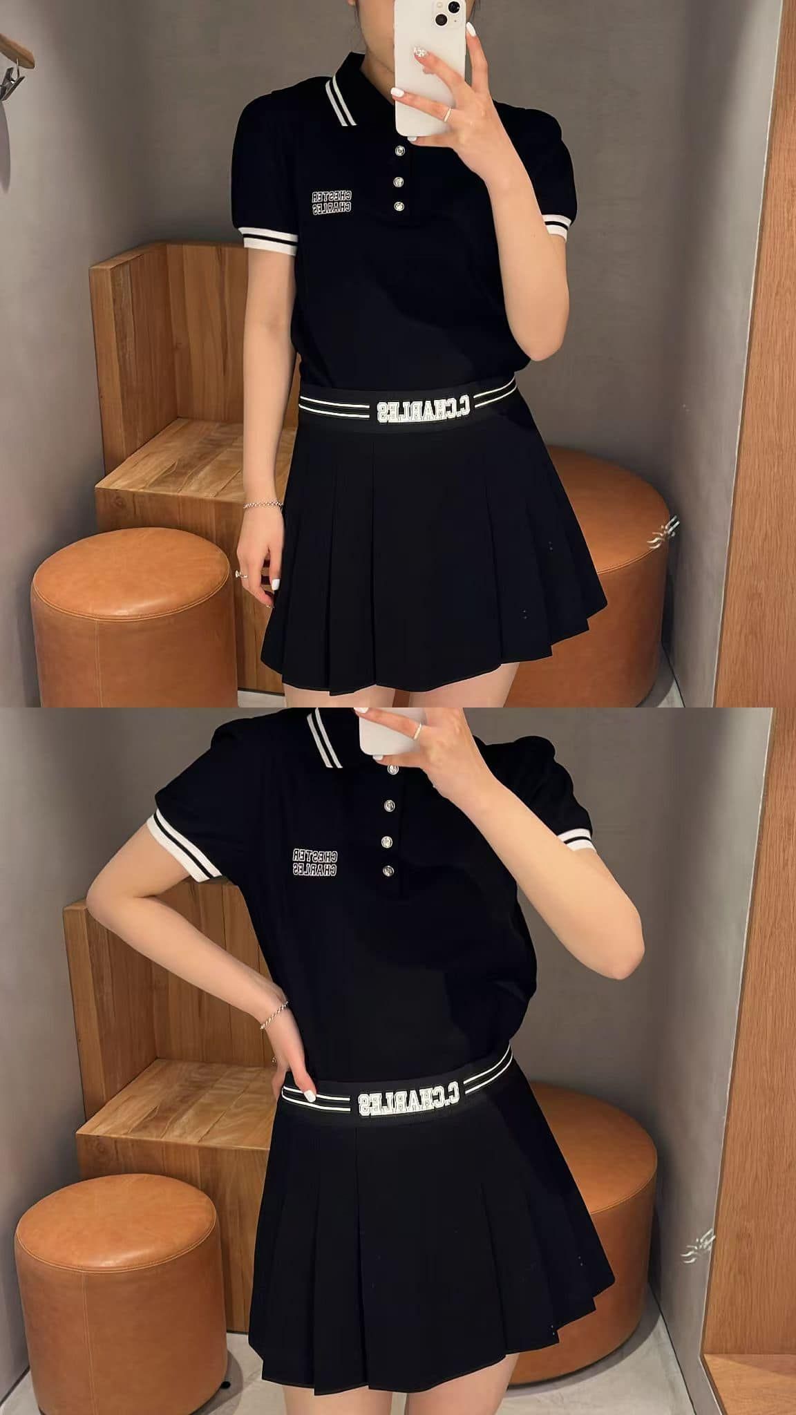 Bộ áo polo cổ viền trắng và chân váy cạp thun C.Charles set