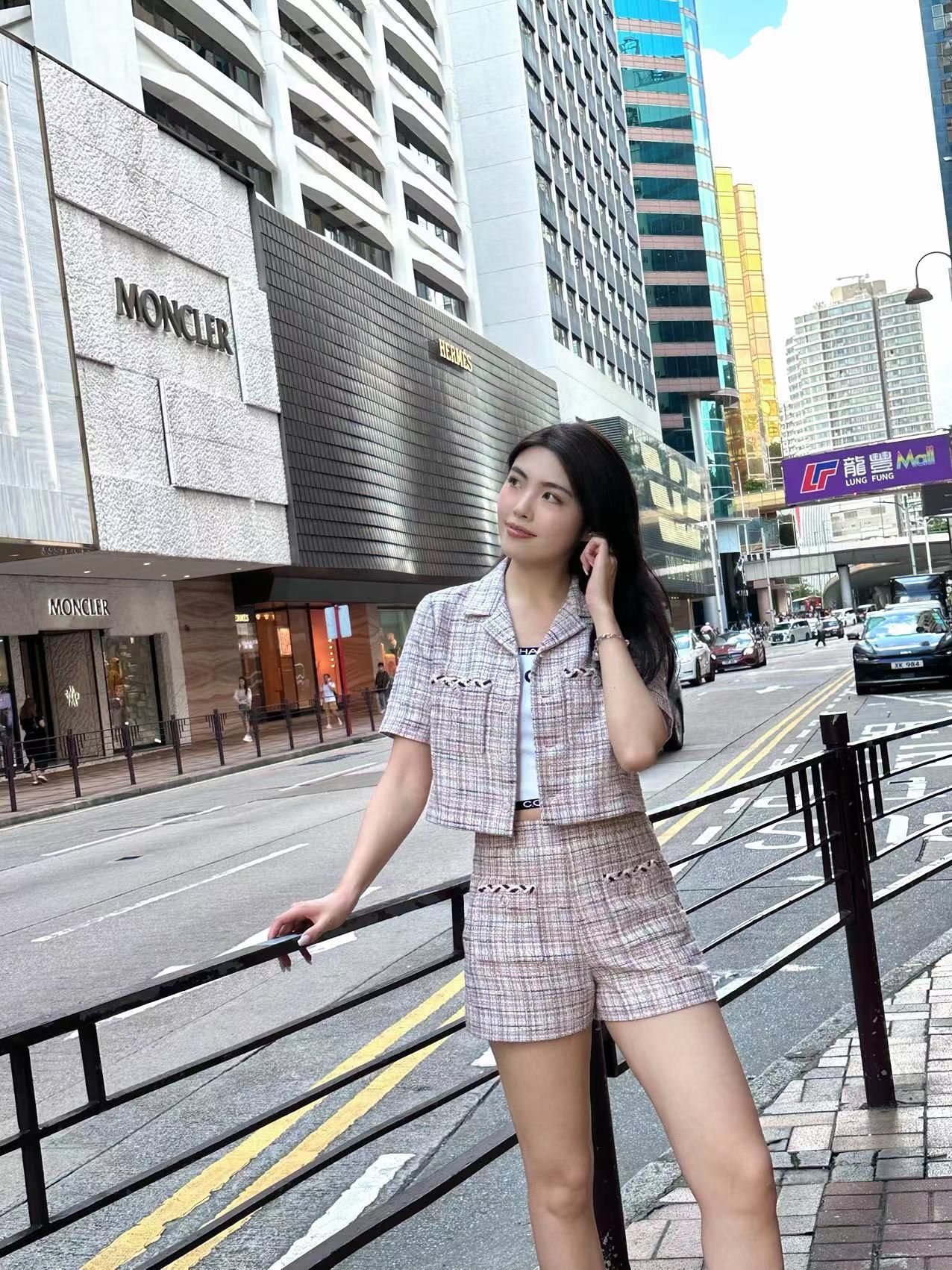 Bộ Áo tweed hồng ngắn tay và Quần short dạ tweed hồng kẻ set