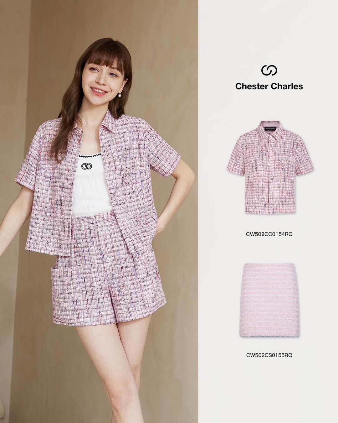 Bộ Áo tweed hồng ngắn tay - cổ V và Quần short dạ tweed hồng set