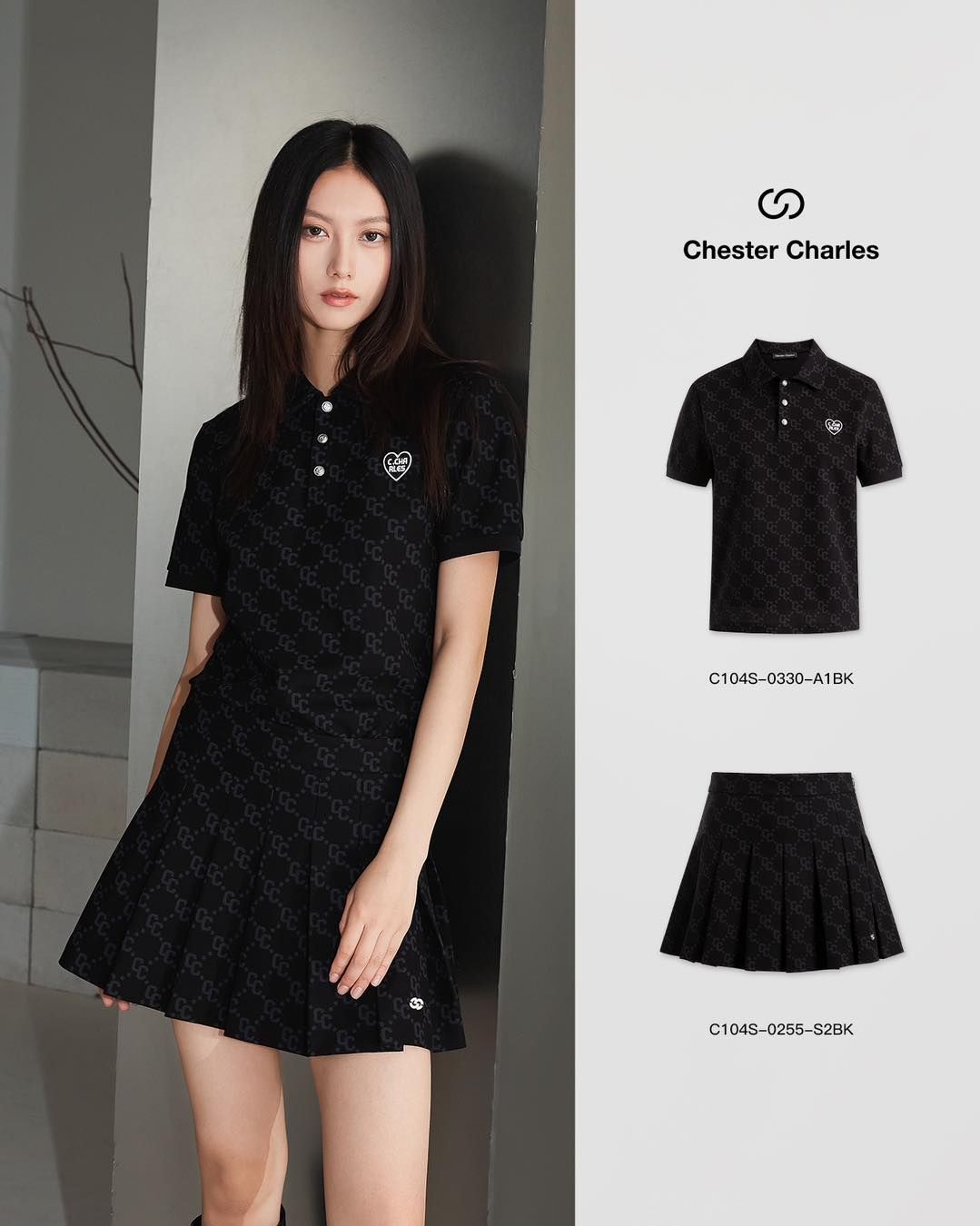 Bộ áo polo và chân váy - đen full logo tim trái set