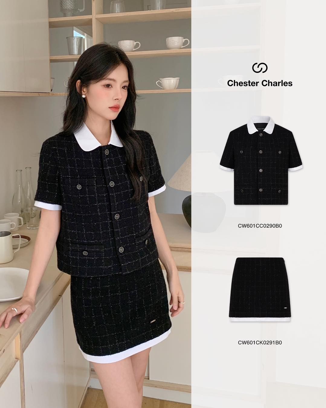 Bộ áo Twed ngắn tay croptop và chân váy Twed đen tà trắng set
