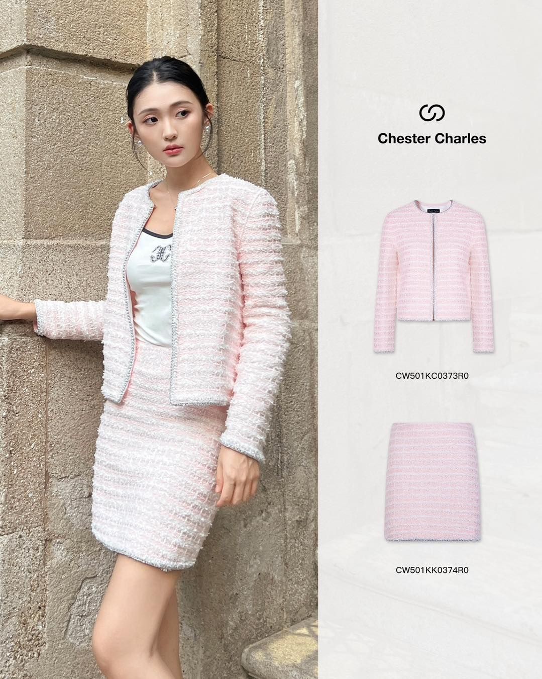 Bộ áo Twed và chân váy Twed hồng - kẻ kim tuyến set