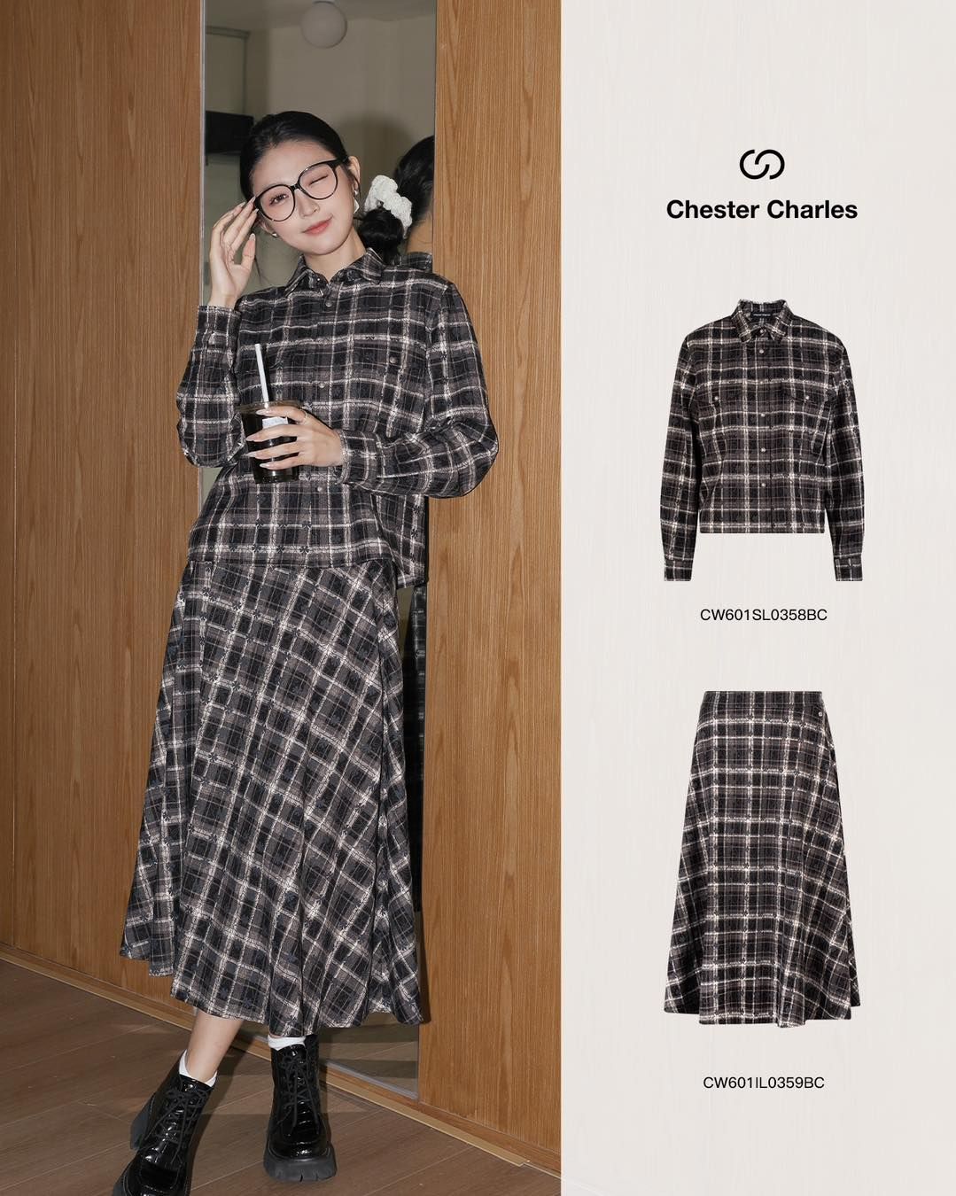 Bộ áo sơmi kẻ và chân váy kẻ caro đen trắng CH set