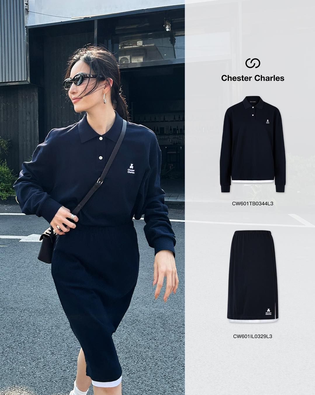 Bộ áo Polo dài tay Navy và chân váy gấu, chữ tà trắng- set