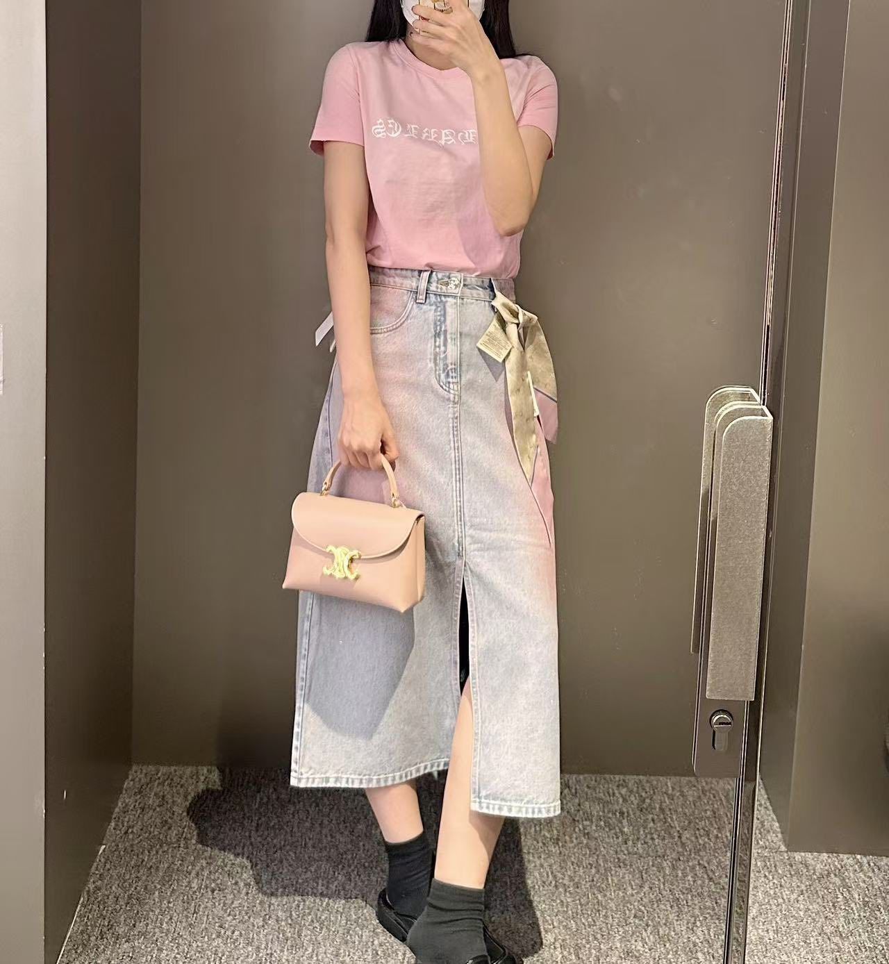 Chân váy jean dài mài hồng - xẻ giữa
