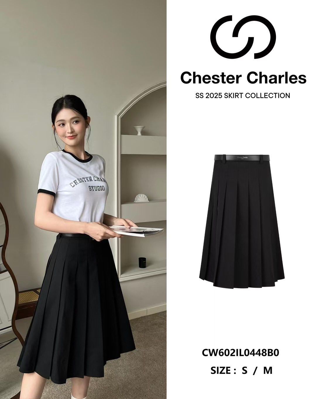 Chân váy đen dài -belt da đen