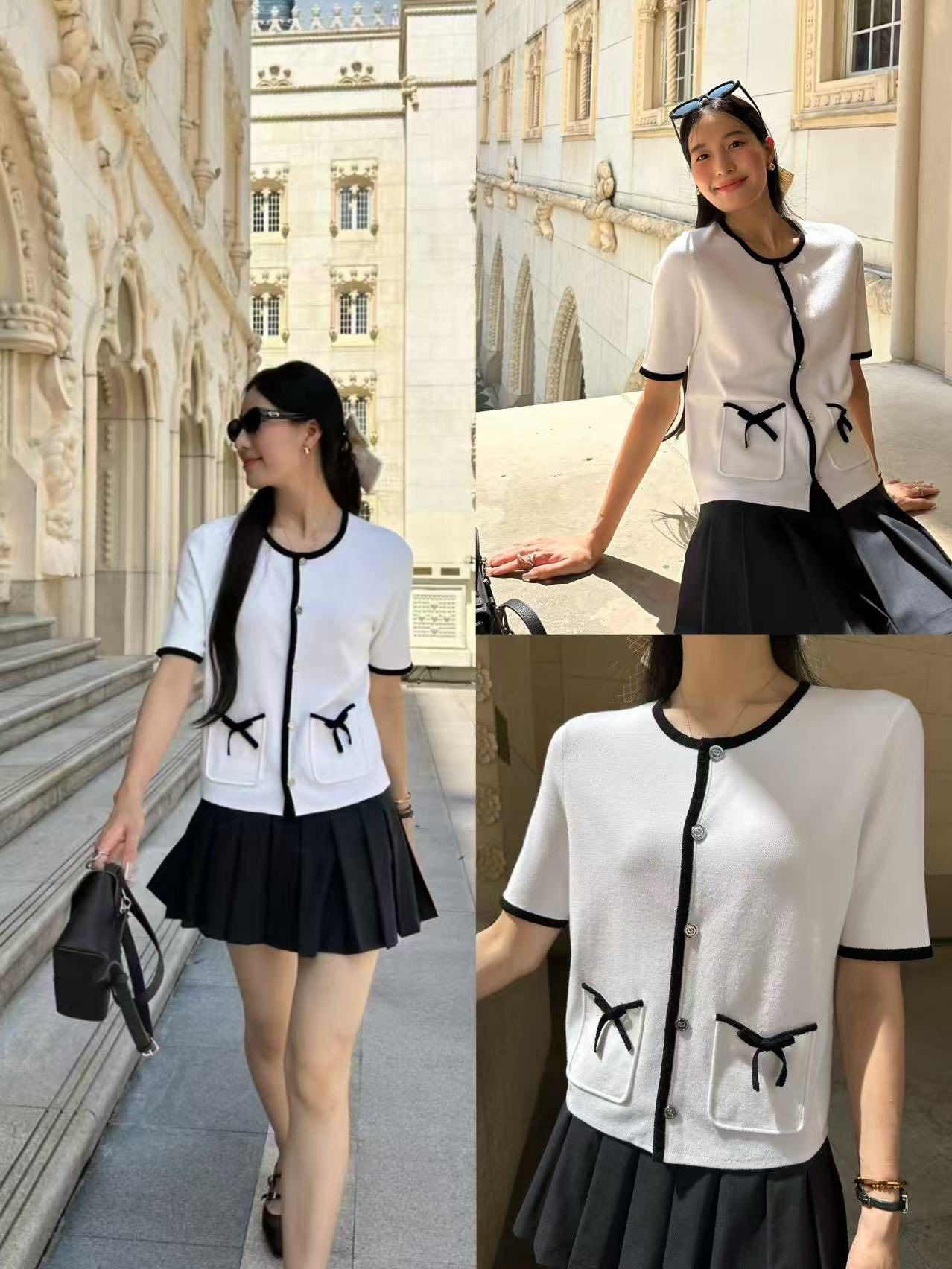 Áo CDG ngắn tay trắng viền đen, 2 túi nơ