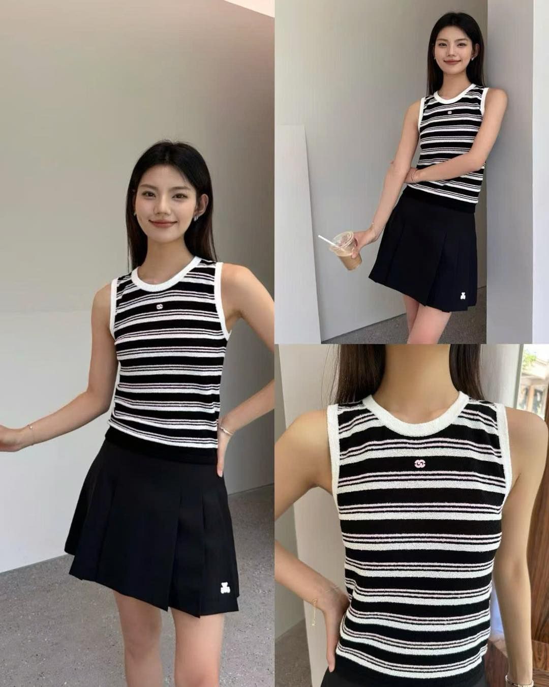 Áo tanktop trắng đen kẻ ngang,logo hồng
